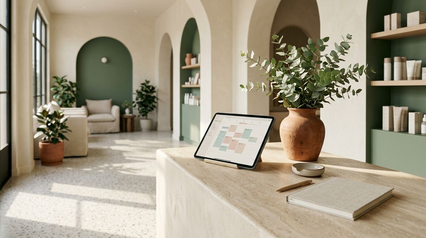 Il bancone della reception di un centro estetico, luminoso, con un tablet che mostra l'agenda della settimana accanto a un vaso di eucalipto.